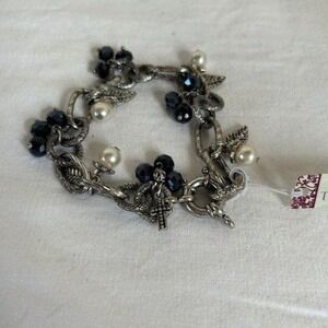 The Good Bead Silvertone Bracelet with Cross, Black Crystals, Faux Pearls Leaves
